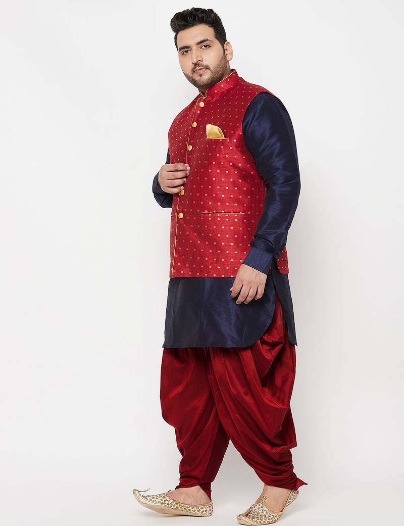 Plus navy blue, maroon and white silk blend jacket kurta dhoti set