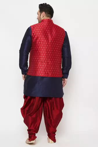 navy blue, maroon and white silk blend jacket kurta dhoti set