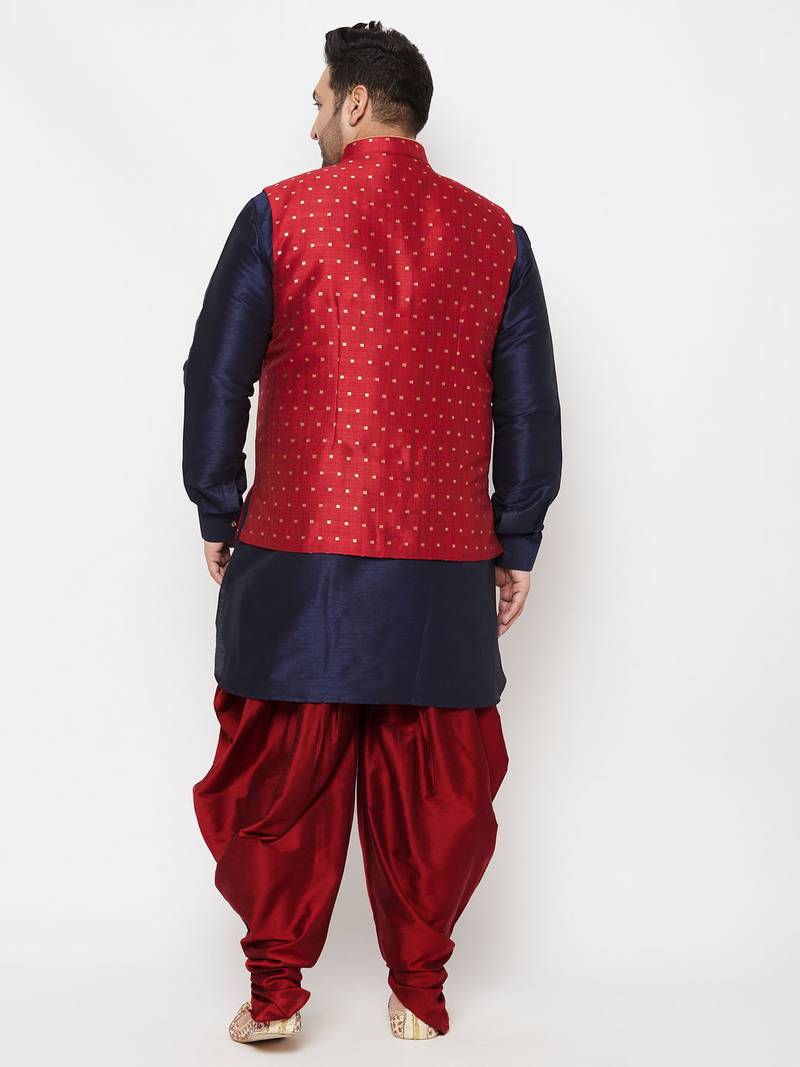 Plus navy blue, maroon and white silk blend jacket kurta dhoti set