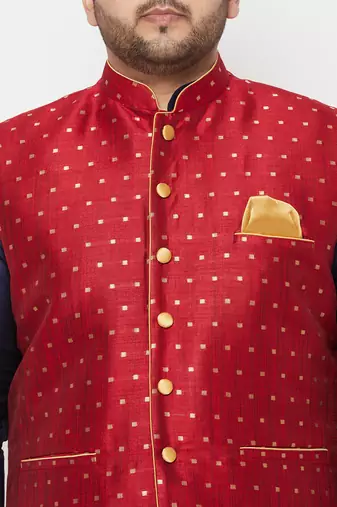 navy blue, maroon and white silk blend jacket kurta dhoti set