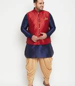 navy blue, maroon and white silk blend jacket kurta dhoti set