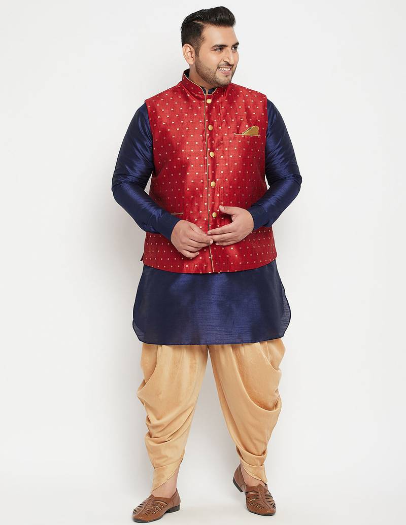 Plus navy blue, maroon and white silk blend jacket kurta dhoti set