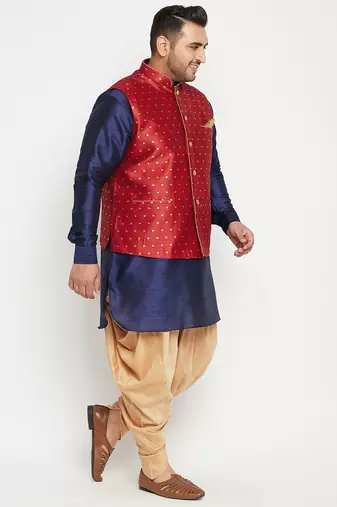 navy blue, maroon and white silk blend jacket kurta dhoti set