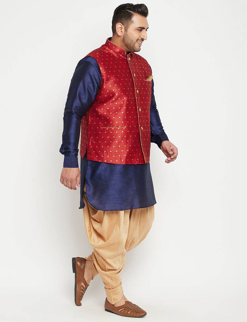 Plus navy blue, maroon and white silk blend jacket kurta dhoti set