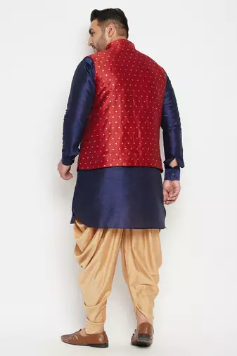 navy blue, maroon and white silk blend jacket kurta dhoti set