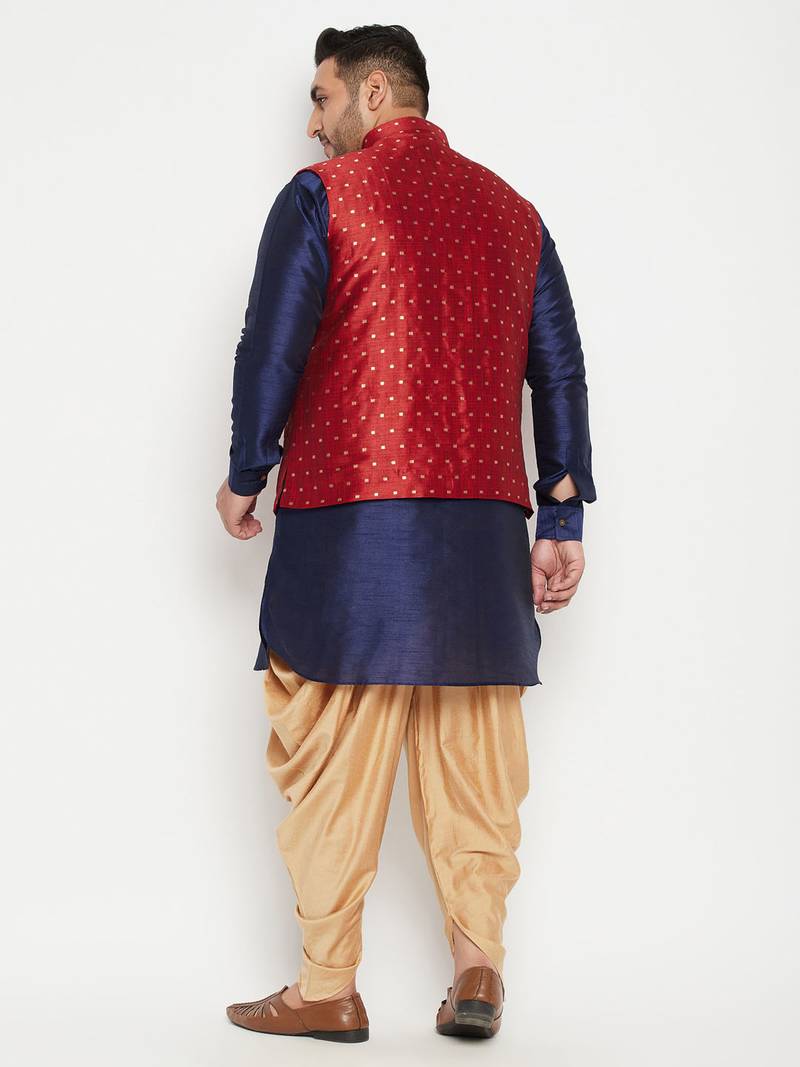Plus navy blue, maroon and white silk blend jacket kurta dhoti set