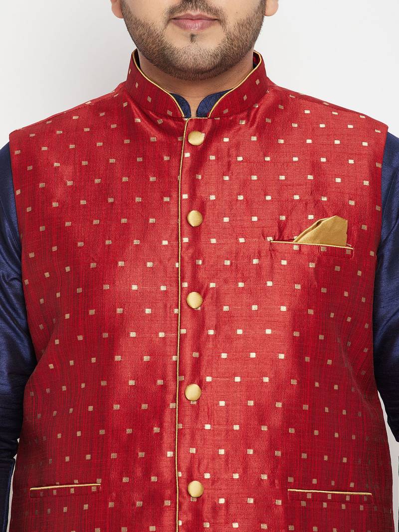 Plus navy blue, maroon and white silk blend jacket kurta dhoti set