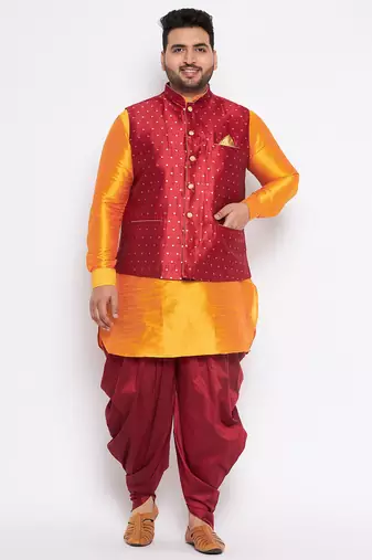 Plus orange silk blend jacket kurta dhoti set