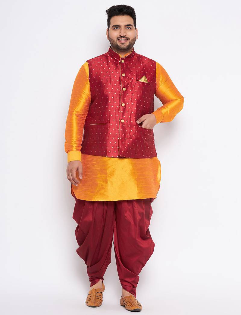 Plus orange silk blend jacket kurta dhoti set