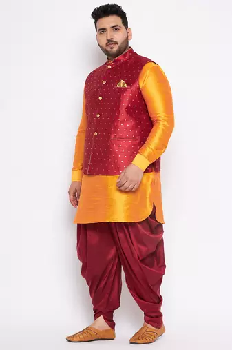 orange silk blend jacket kurta dhoti set