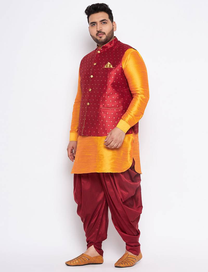 Plus orange silk blend jacket kurta dhoti set