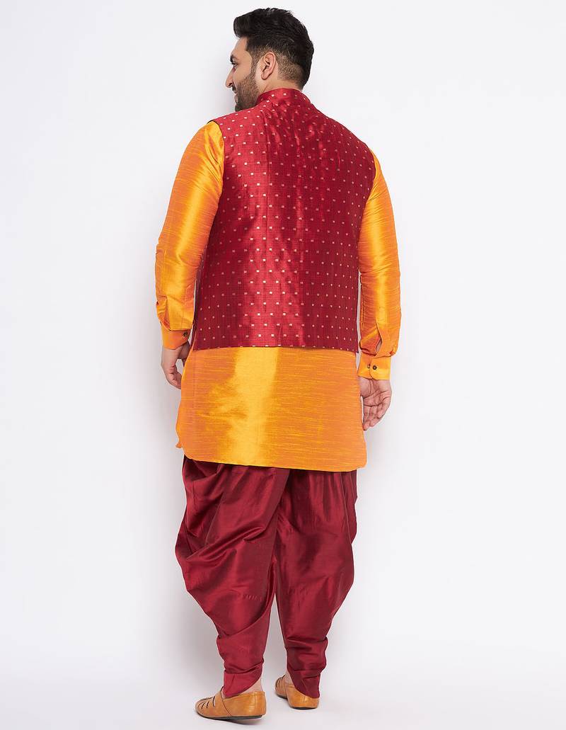 Plus orange silk blend jacket kurta dhoti set