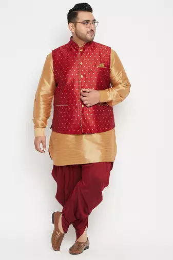 Plus rose gold, maroon and white silk blend jacket kurta dhoti set