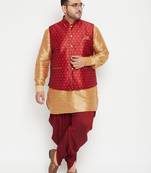 rose gold, maroon and white silk blend jacket kurta dhoti set
