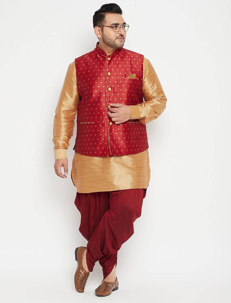 Plus rose gold, maroon and white silk blend jacket kurta dhoti set