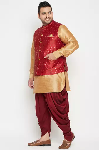 rose gold, maroon and white silk blend jacket kurta dhoti set