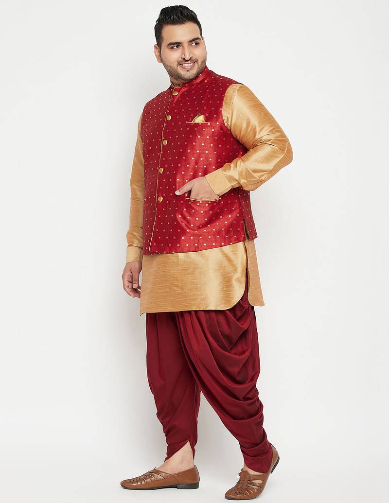 Plus rose gold, maroon and white silk blend jacket kurta dhoti set