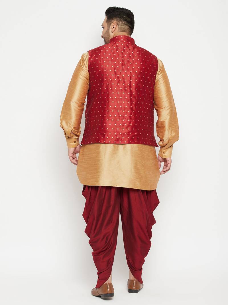 Plus rose gold, maroon and white silk blend jacket kurta dhoti set