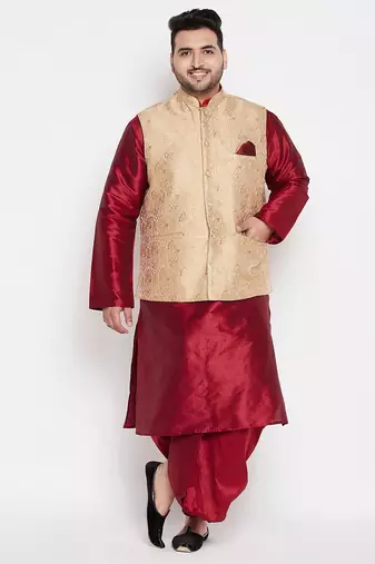 Plus maroon and gold silk blend jacket kurta dhoti set