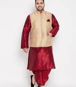 maroon and gold silk blend jacket kurta dhoti set