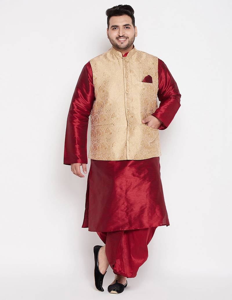 Plus maroon and gold silk blend jacket kurta dhoti set