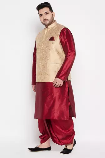 maroon and gold silk blend jacket kurta dhoti set