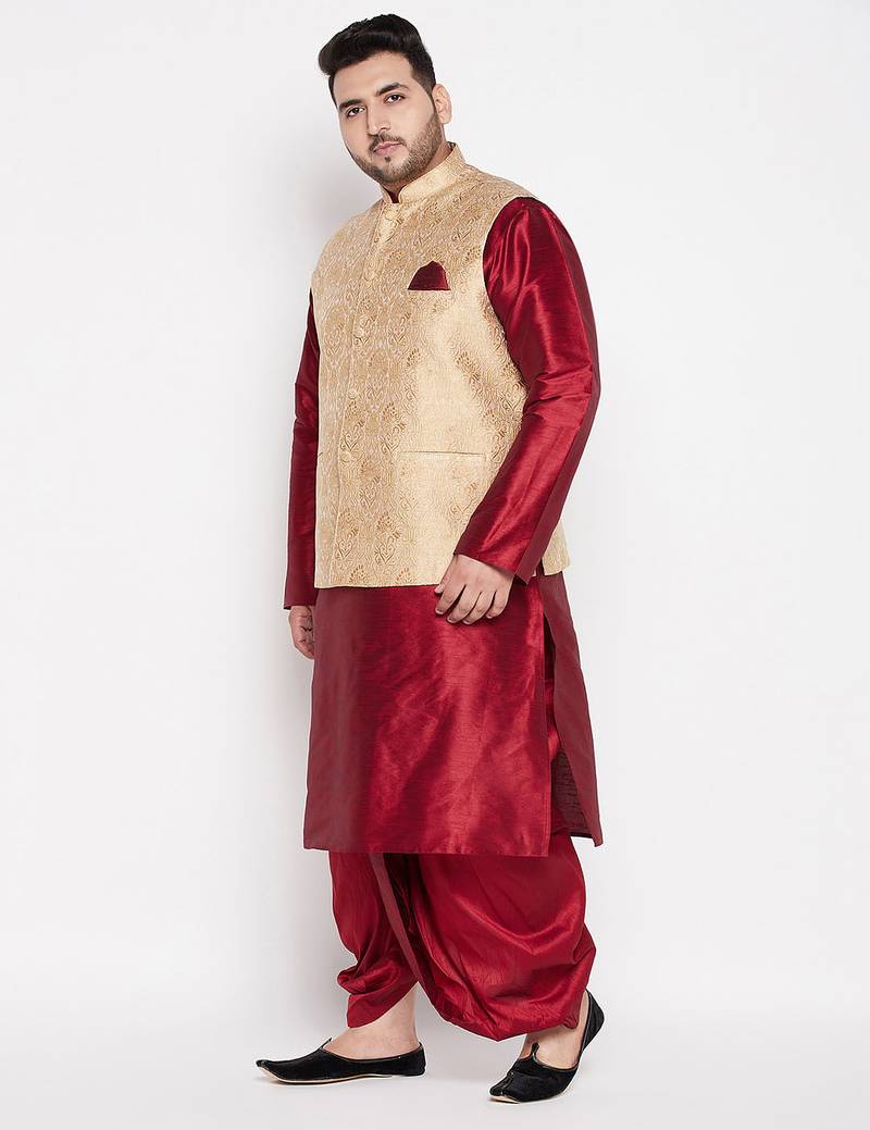 Plus maroon and gold silk blend jacket kurta dhoti set