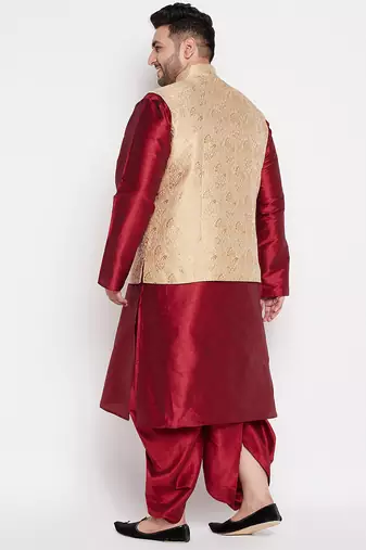 maroon and gold silk blend jacket kurta dhoti set