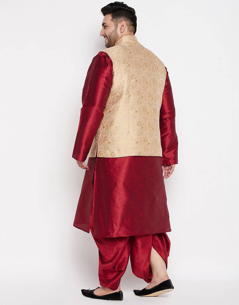 Plus maroon and gold silk blend jacket kurta dhoti set