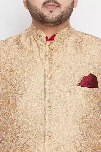 maroon and gold silk blend jacket kurta dhoti set