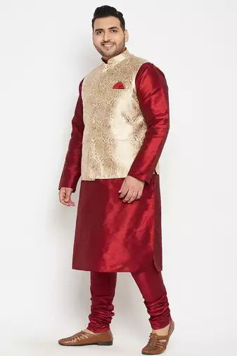 maroon, rose gold and white silk blend jacket kurta pyjama set