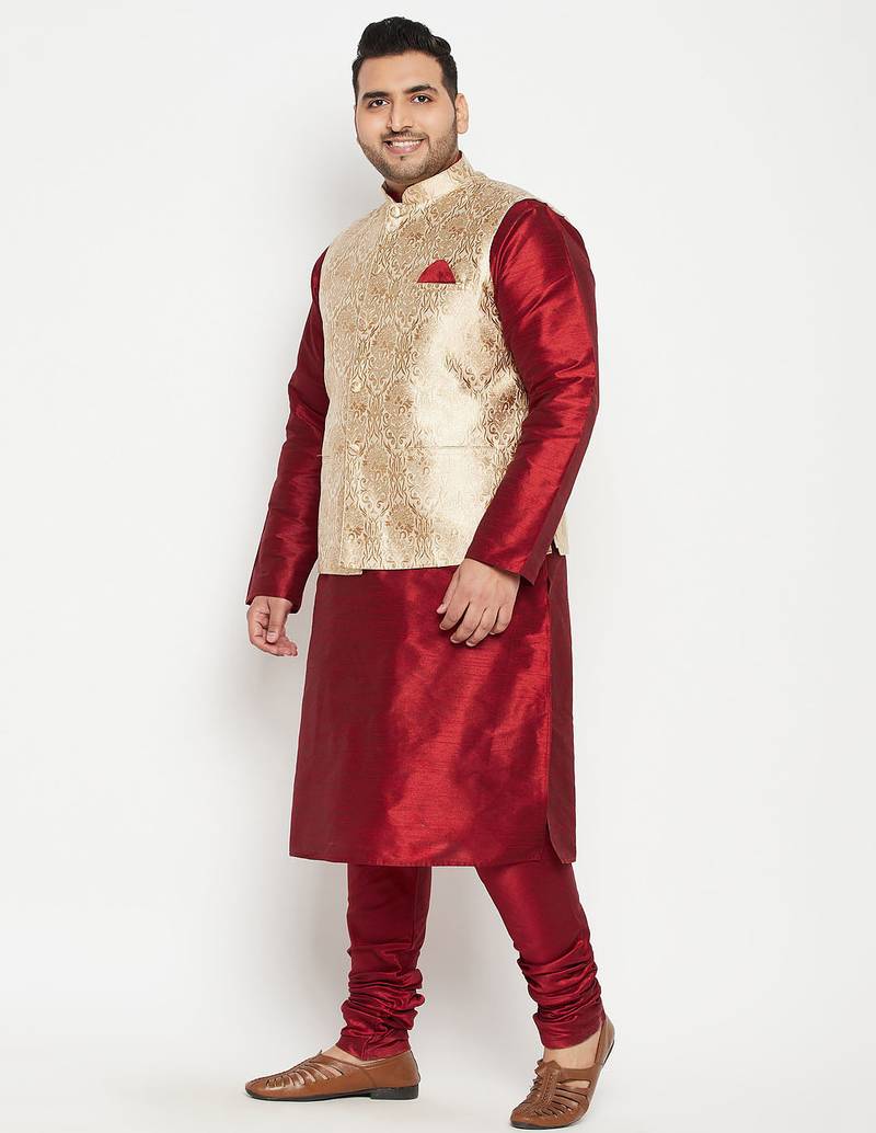 maroon, rose gold and white silk blend jacket kurta pyjama set
