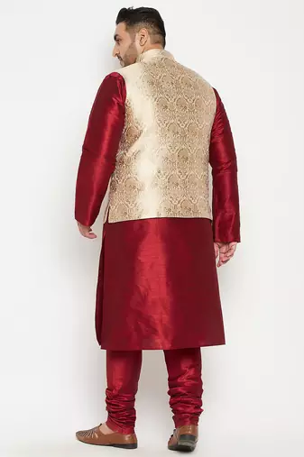 maroon, rose gold and white silk blend jacket kurta pyjama set