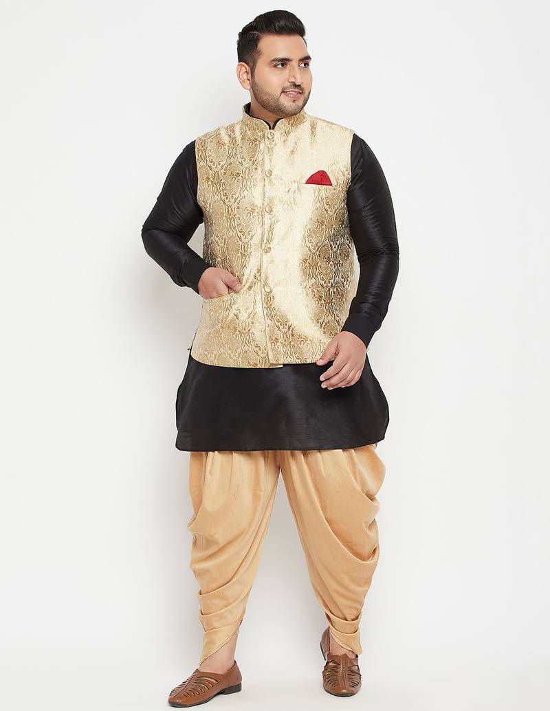 Plus black, rose gold and white silk blend jacket kurta dhoti set