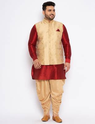 maroon silk blend jacket kurta dhoti set 1