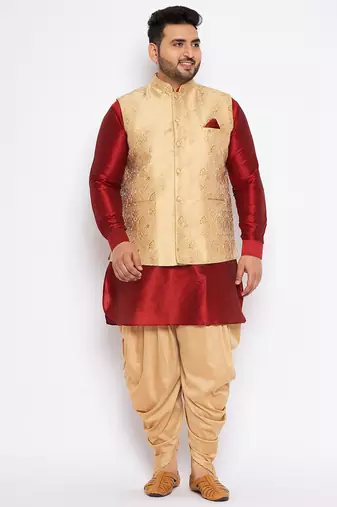 Plus maroon silk blend jacket kurta dhoti set