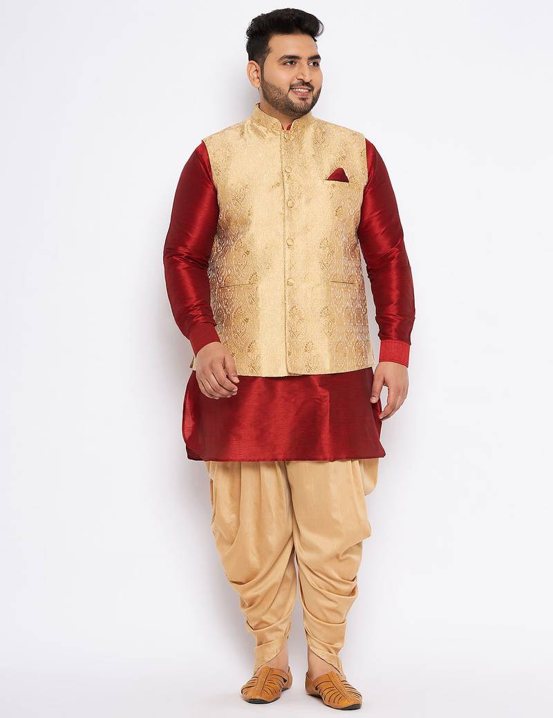 Plus maroon silk blend jacket kurta dhoti set