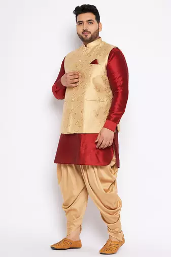 maroon silk blend jacket kurta dhoti set