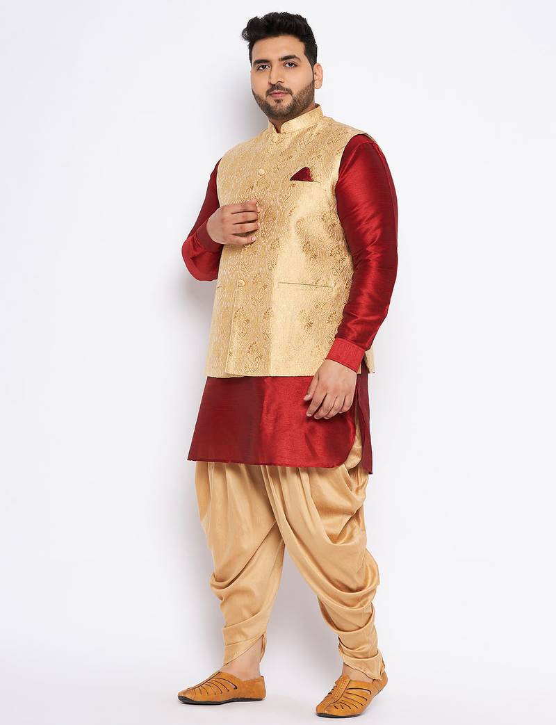 Plus maroon silk blend jacket kurta dhoti set