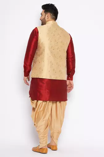 maroon silk blend jacket kurta dhoti set
