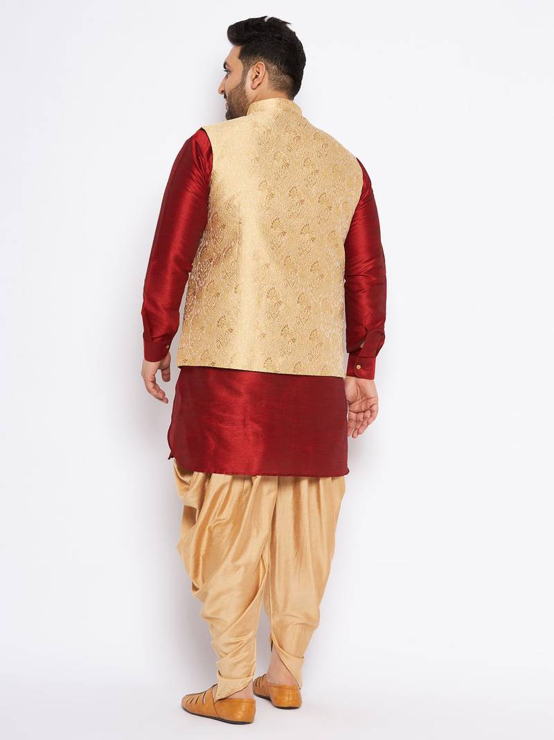 Plus maroon silk blend jacket kurta dhoti set