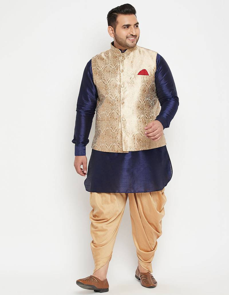 Plus navy blue, rose gold and white silk blend jacket kurta dhoti set