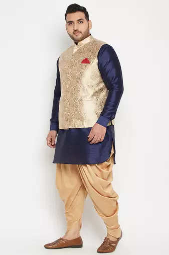 navy blue, rose gold and white silk blend jacket kurta dhoti set