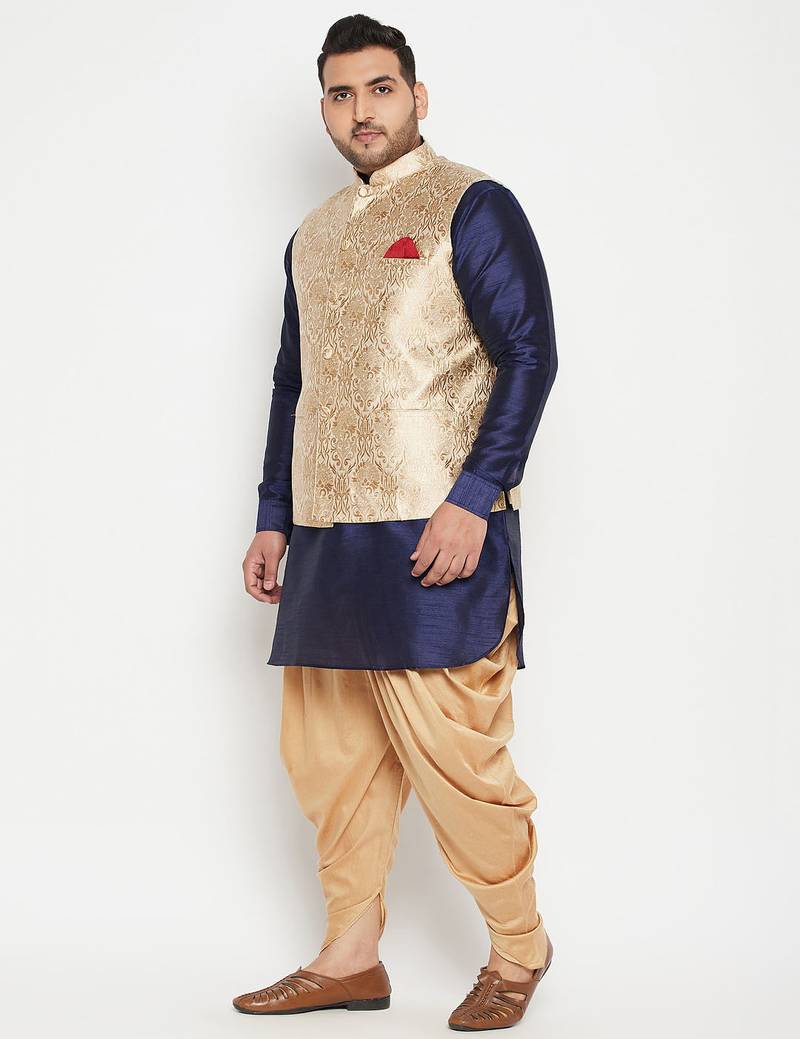 Plus navy blue, rose gold and white silk blend jacket kurta dhoti set