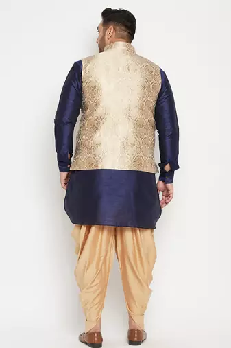 navy blue, rose gold and white silk blend jacket kurta dhoti set