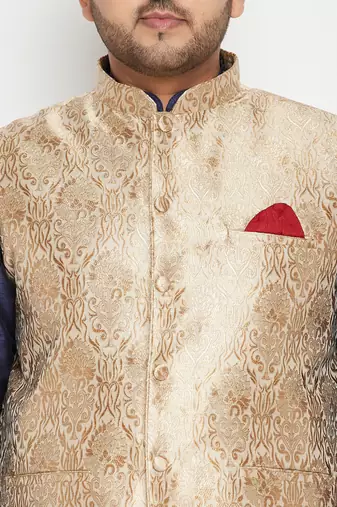 navy blue, rose gold and white silk blend jacket kurta dhoti set