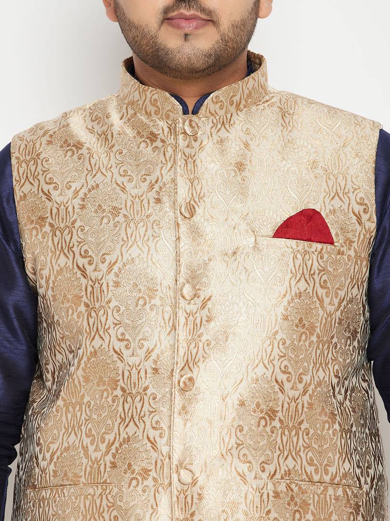 Plus navy blue, rose gold and white silk blend jacket kurta dhoti set