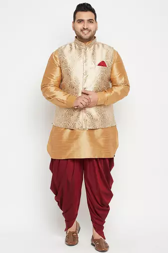 Plus rose gold, rose gold and white silk blend jacket kurta dhoti set
