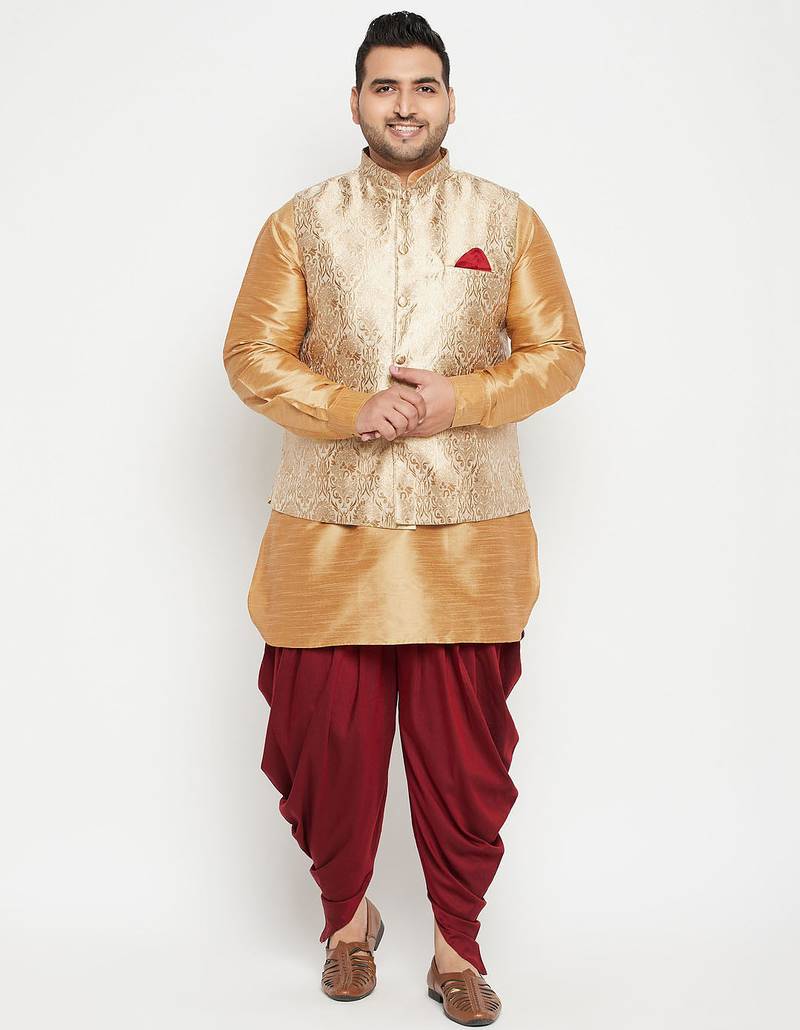 Plus rose gold, rose gold and white silk blend jacket kurta dhoti set