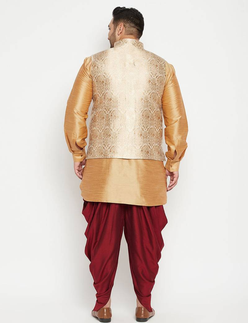 Plus rose gold, rose gold and white silk blend jacket kurta dhoti set